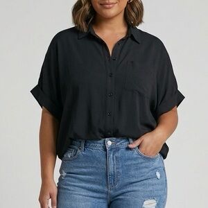 VELVET HEART Black Roll Sleeve Collared Button Down Shirt Blouse Top Plus 3X